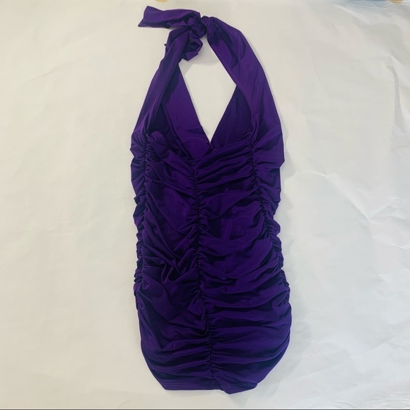 Flamingo Rouched plunging Halter Royal Purple Micro Mini Dress Small jeweled - Picture 6 of 6